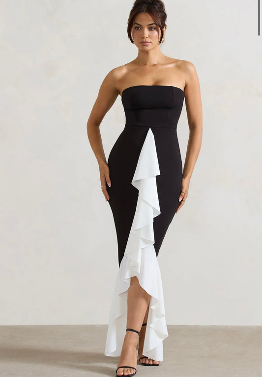 CLUB LONDON - Carbon Black & White Bandeau Ruffled Maxi Dress (AU 8)
