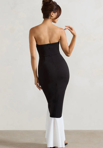CLUB LONDON - Carbon Black & White Bandeau Ruffled Maxi Dress (AU 8)