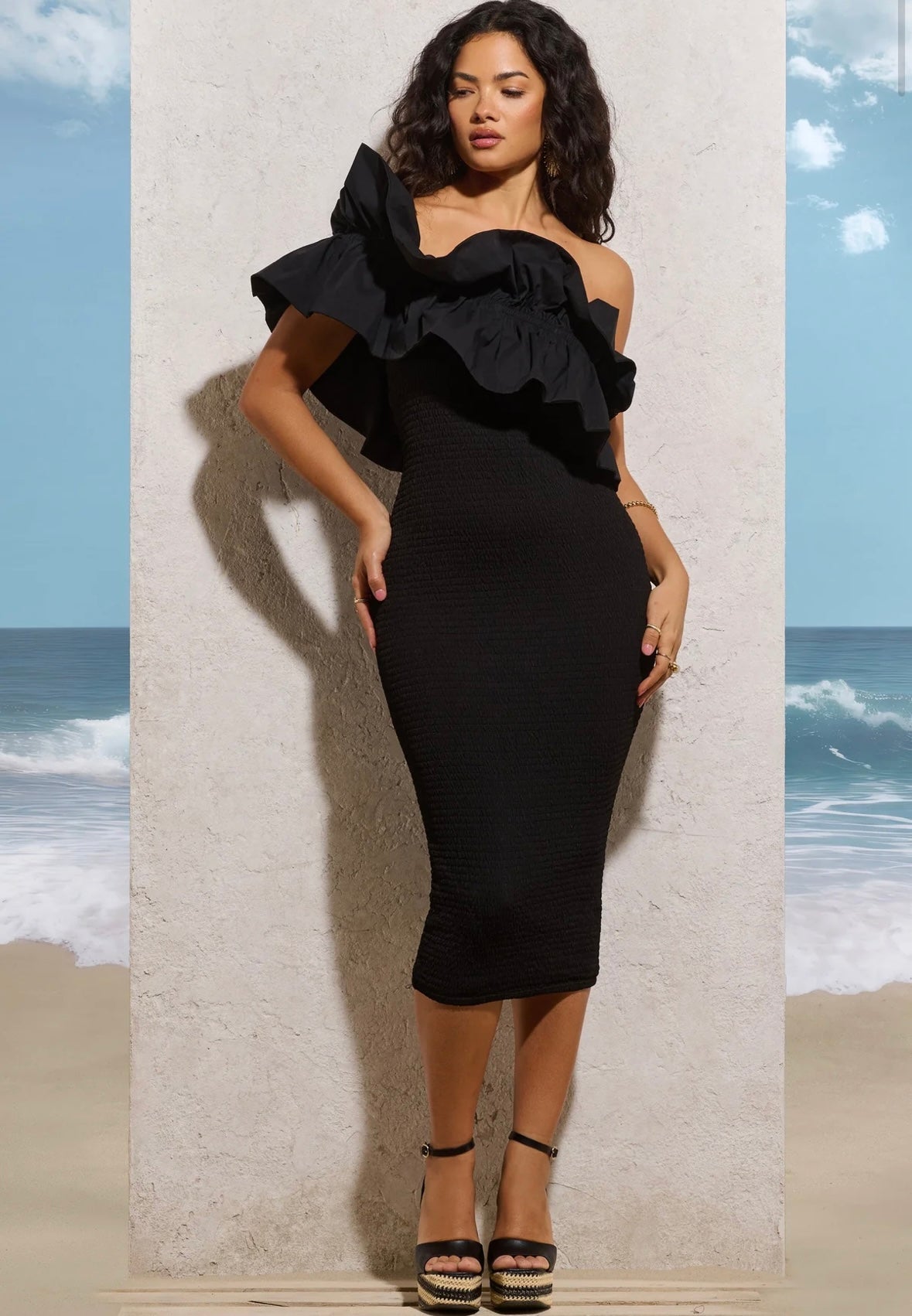 CLUB LONDON - When In Rome Black Asymetric Ruffle Midi Dress (8/10)