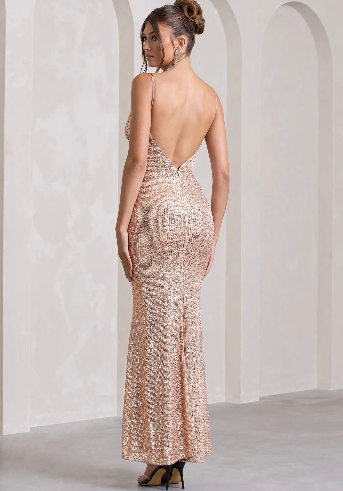 CLUB LONDON - Enchanting Champagne Sequin Open-Back Maxi Dress with Split (AU 14)