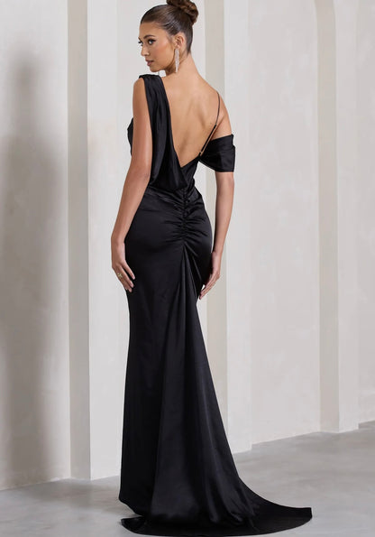 CLUB LONDON - Jayne Black Satin Asymmetric Draped Split Maxi Dress (AU 8)