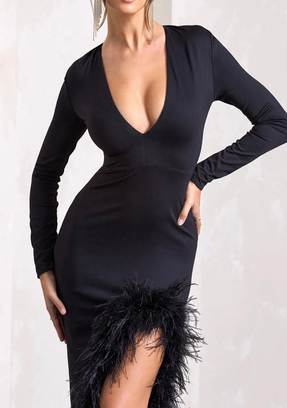 CLUB LONDON - Finale Black Feather Plunge Neck Thigh Split Maxi Dress (AU 6)