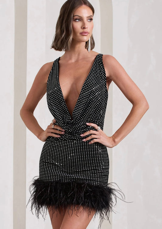 CLUB LONDON - Mirror Me Black Velvet Embellished Cowl-Neck Mini Dress With Feather Trim (AU 6)