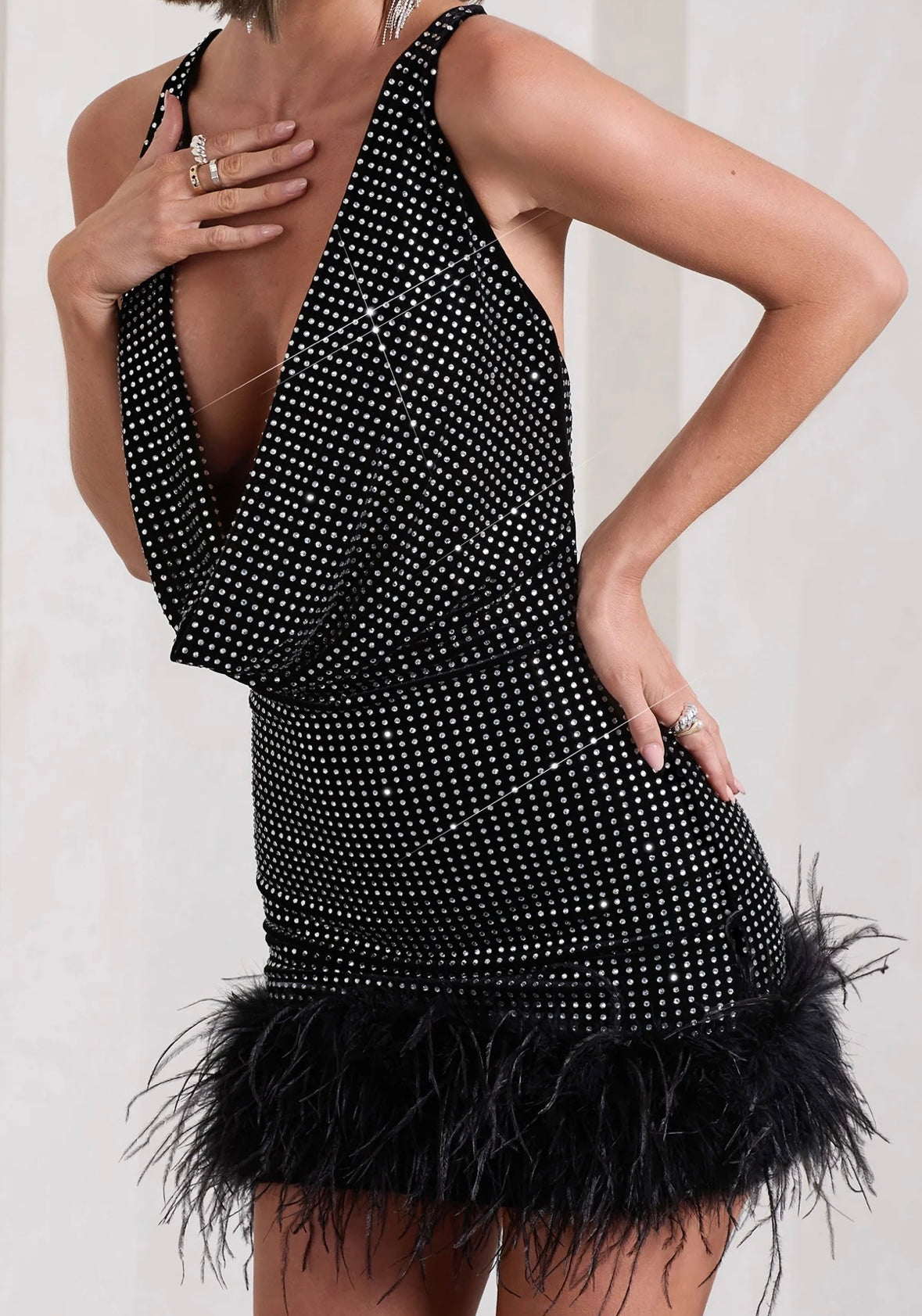 CLUB LONDON - Mirror Me Black Velvet Embellished Cowl-Neck Mini Dress With Feather Trim (AU 6)
