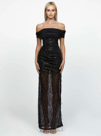BARIANO- Effy Off Shoulder Black Maxi Dress (AU 8)