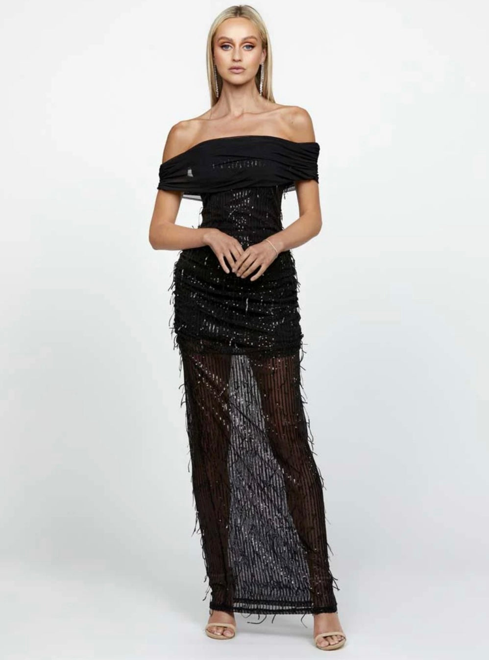 BARIANO- Effy Off Shoulder Black Maxi Dress (AU 8)