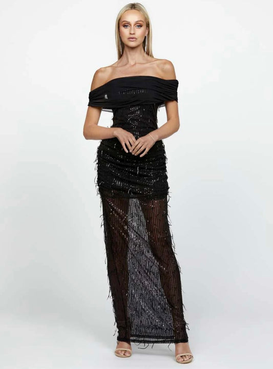 BARIANO- Effy Off Shoulder Black Maxi Dress (AU 8)