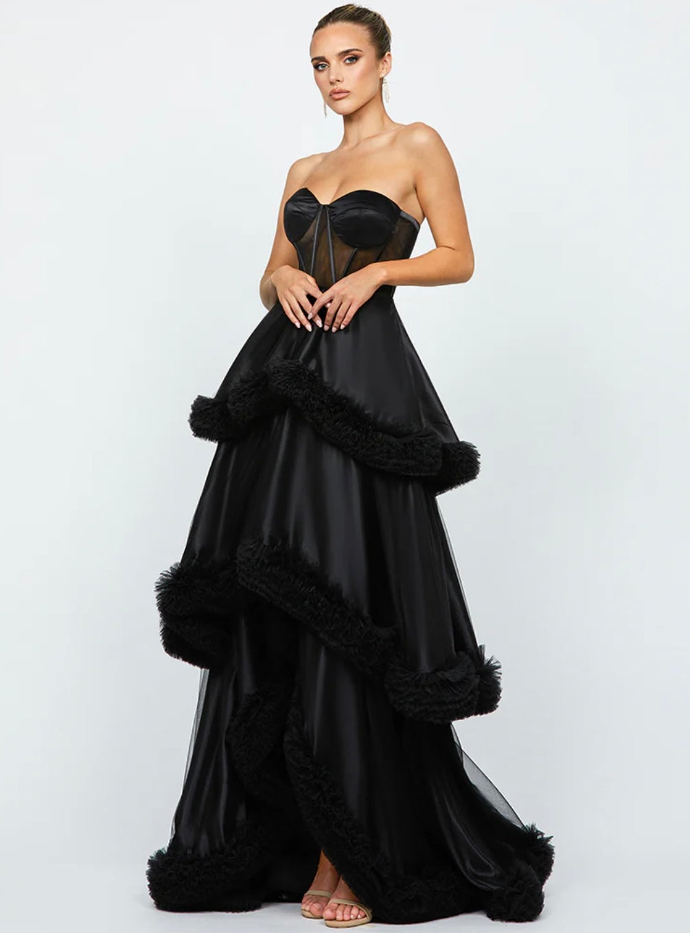 BARIANO - Mulligan Strapless Black Tiered Ball Gown (AU 10)
