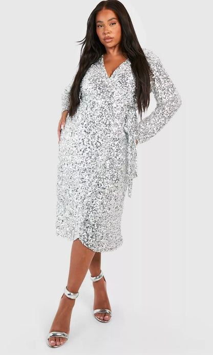 BOOHOO - Silver Sequin Wrap Dress