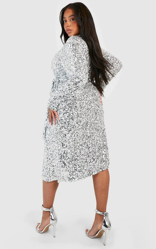 BOOHOO - Silver Sequin Wrap Dress