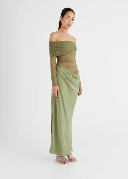 BENNI - Yasmin Off The Shoulder Maxi Dress in Sage Green (AU 6)