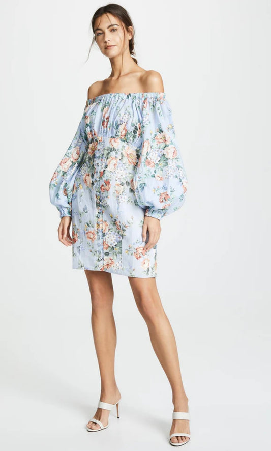 ZIMMERMANN - Bowie Off Shoulder Mini in Lilac Floral Print (AU 8/10)